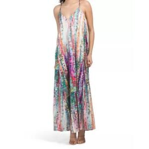 Nicole Miller Watercolor Abstract Print Satin Charmeuse Slip Maxi Dress Size L